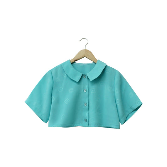 Baby Blue Printed Reworked Short Sleeved Cropped Blouse